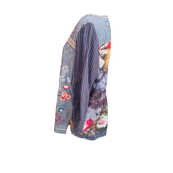 John Mark Workshop Chambray Peasant Top Grey L Embroidered Bell Sleeves Boho - Picture 5 of 12
